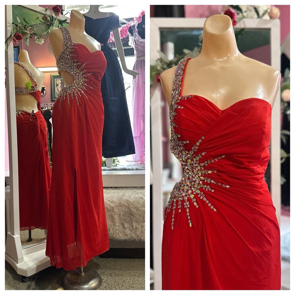 Vibrant Red Prom Formal Evening Maxi Dress Red Beaded One Shoulder Chiffon M/L